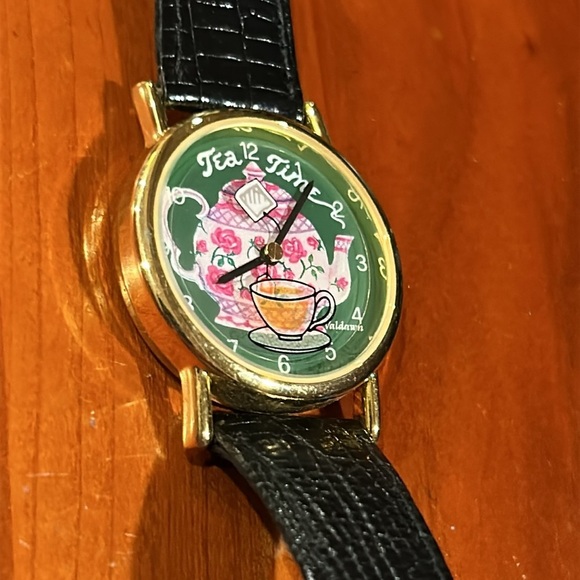 Tea Time Pop Art Tea Pot Watch Genuine Black Leather Strap Watch Gold Accents - Picture 9 of 12